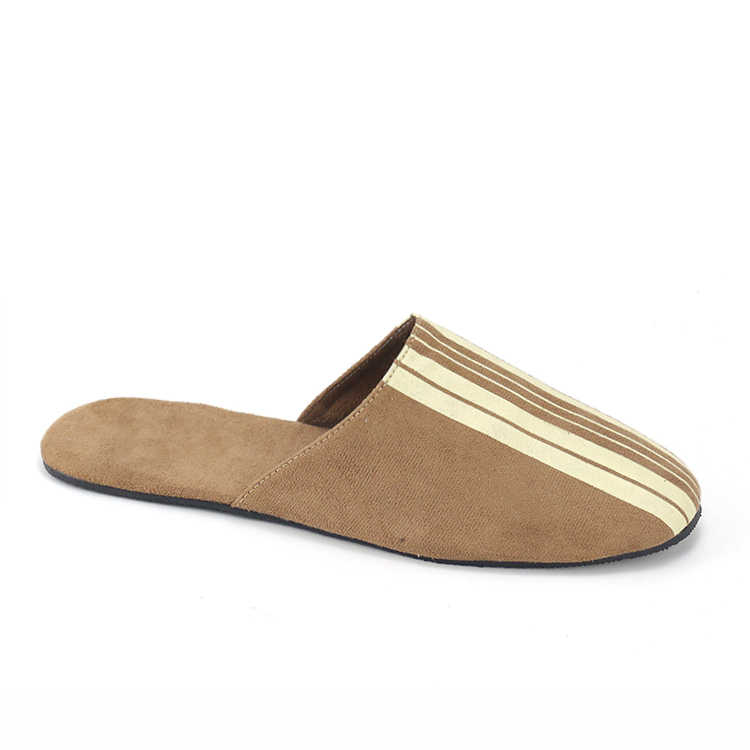 Tan custom suede-like slipper with sporty white stripes detail by JNP Footwear
