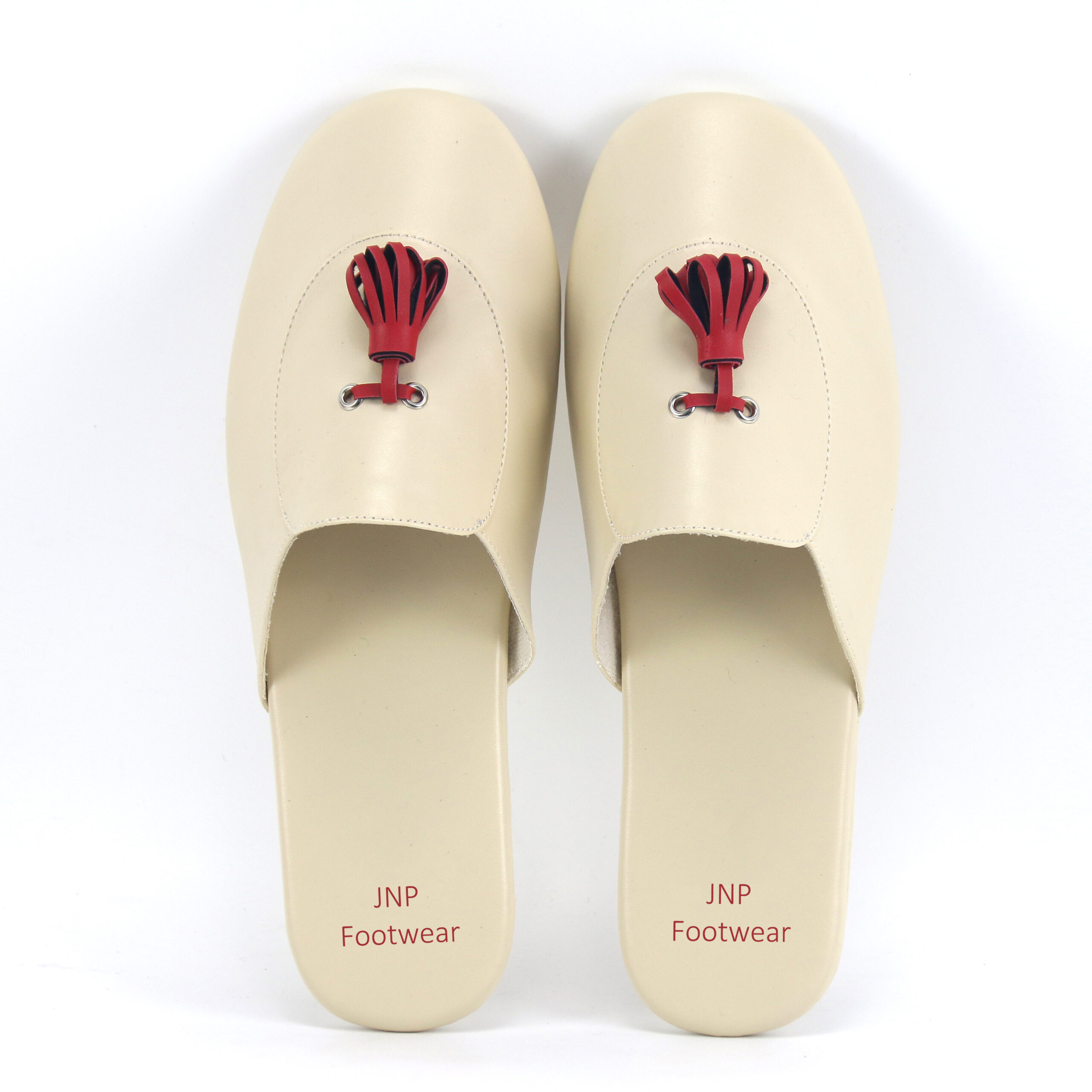 Cream custom slippers by JNP Footwear featuring a playful red embroidered lobster/crayfish design and 'JNP Footwear' text