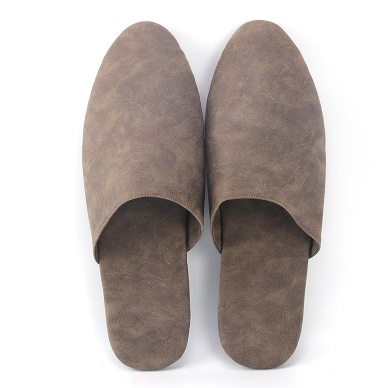 Top view of custom brown suede-like mule slippers by JNP Footwear