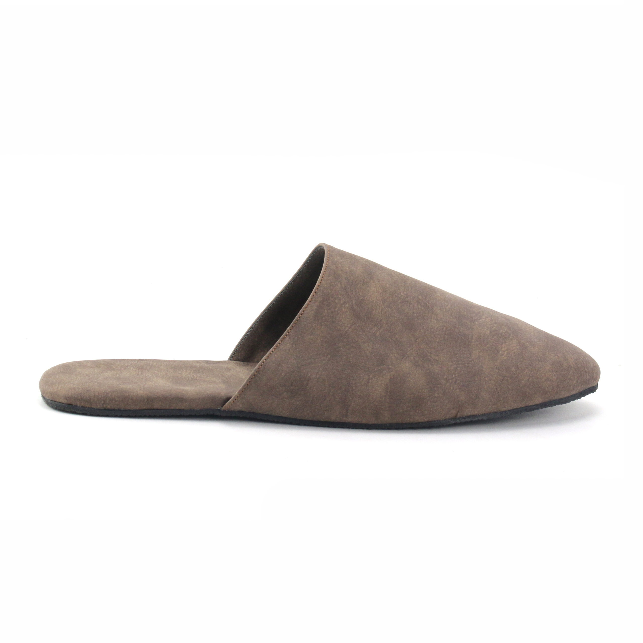 Side view of a classic brown custom suede-like mule slipper by JNP Footwear