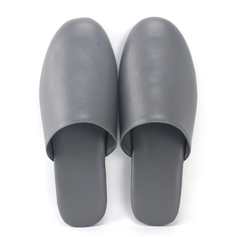 Top view of custom grey leather-like mule slippers by JNP Footwear
