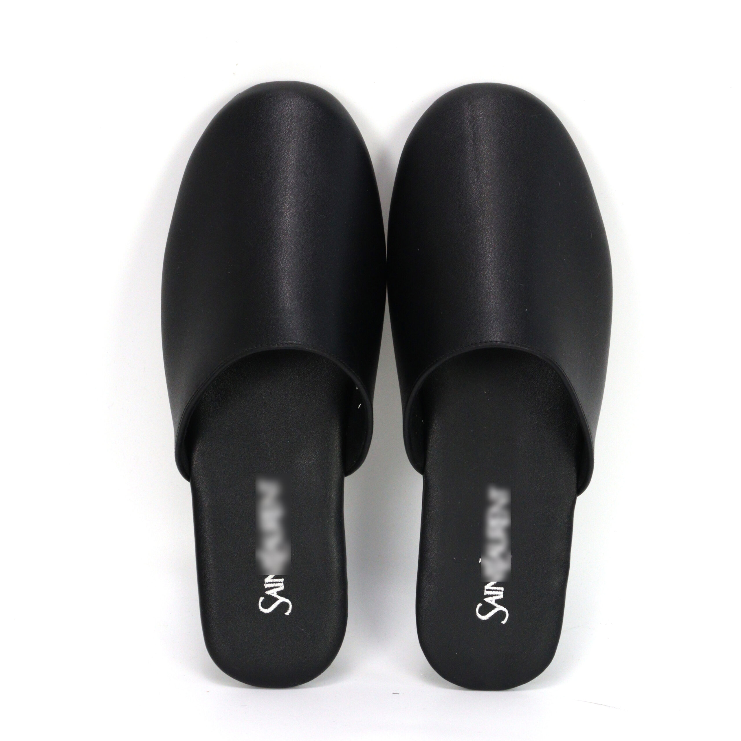 Top view of black custom satin-like mule slippers by JNP Footwear, branded with 'SweetLemon' logo example
