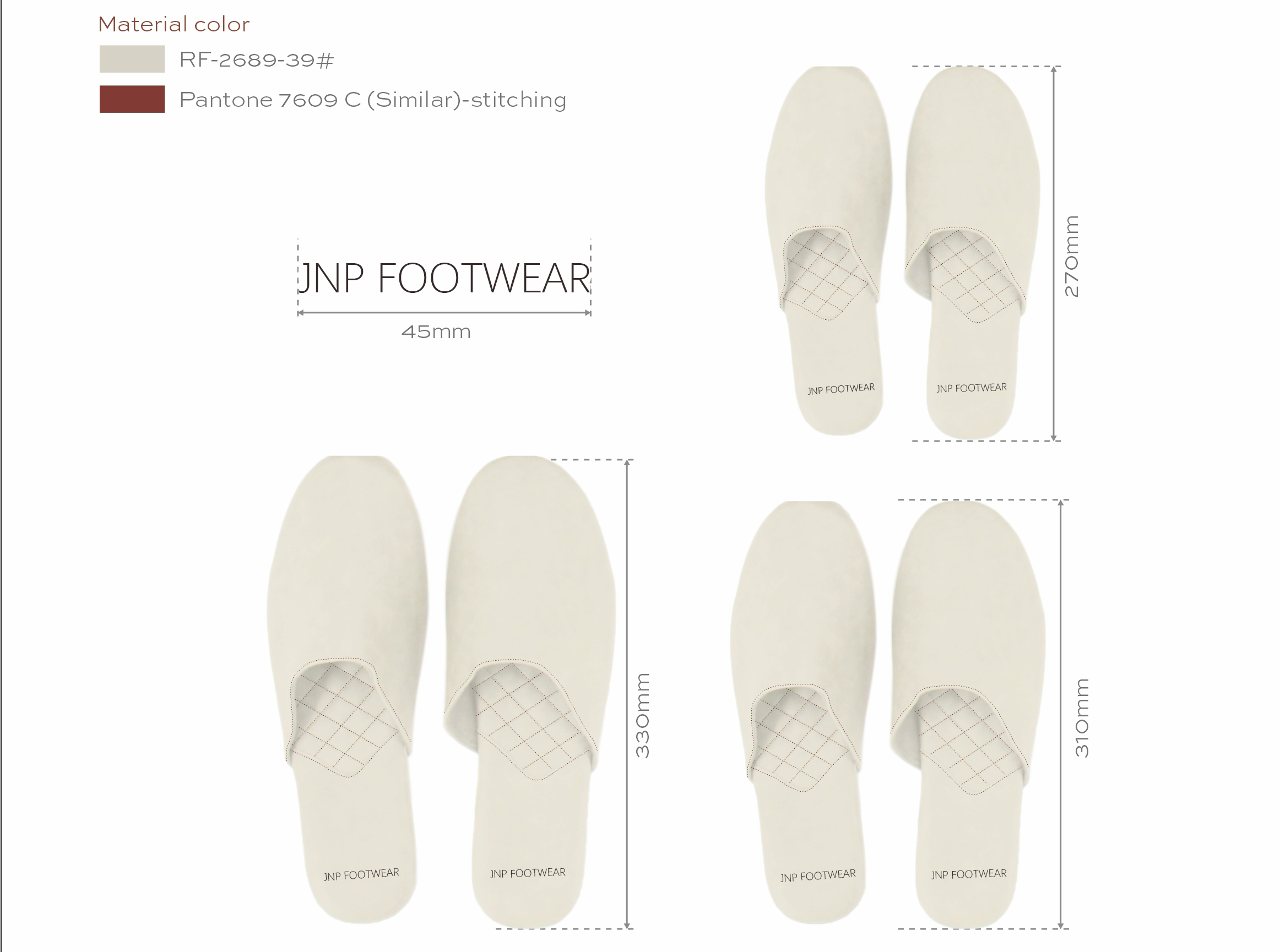 Technical drawing with dimensions for JNP FOOTWEAR custom slipper designs, showcasing B2B customization capability