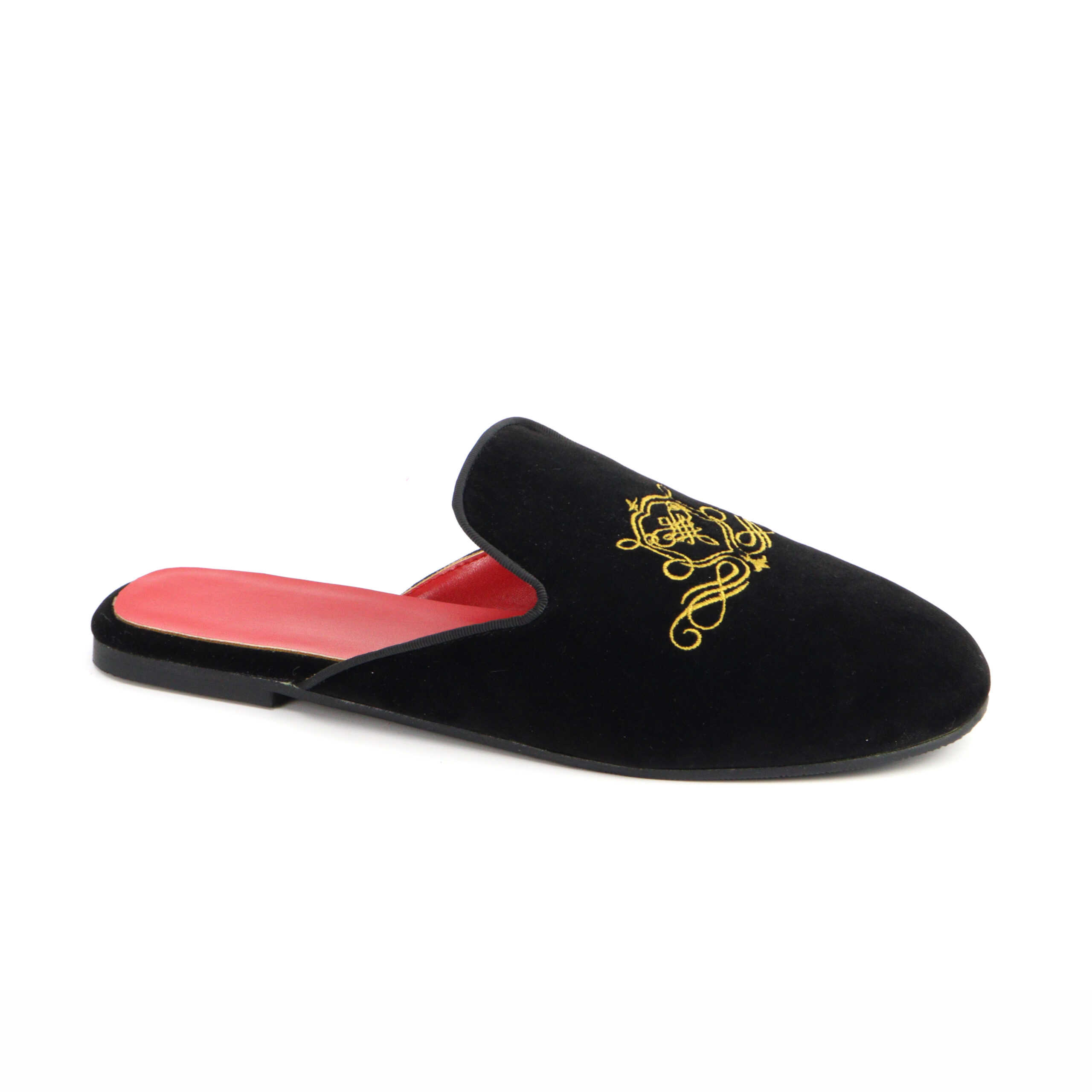 Luxury black custom velvet slipper with ornate gold embroidery and red lining by JNP Footwear