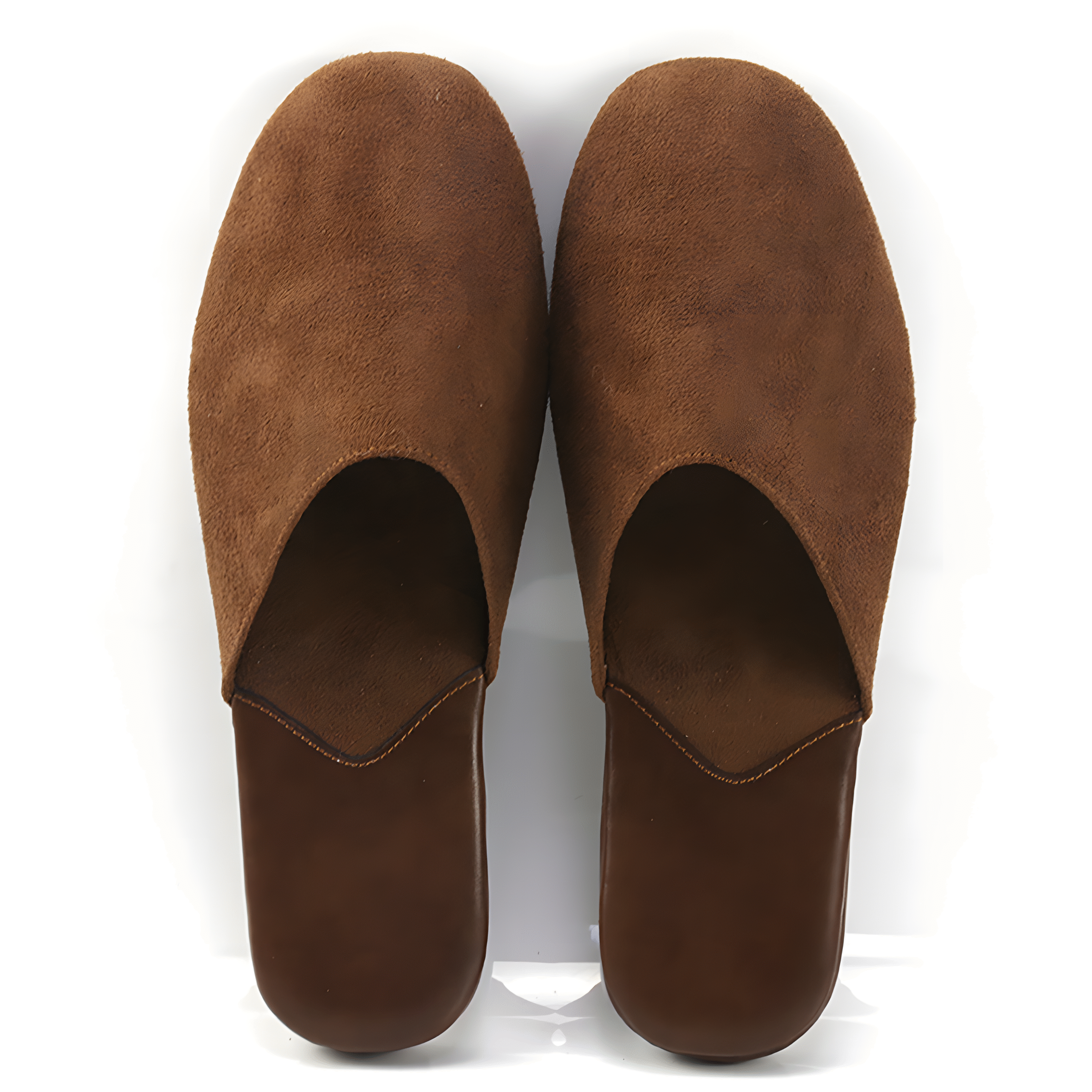 Top view of a pair of rich brown custom suede mule slippers by JNP Footwear