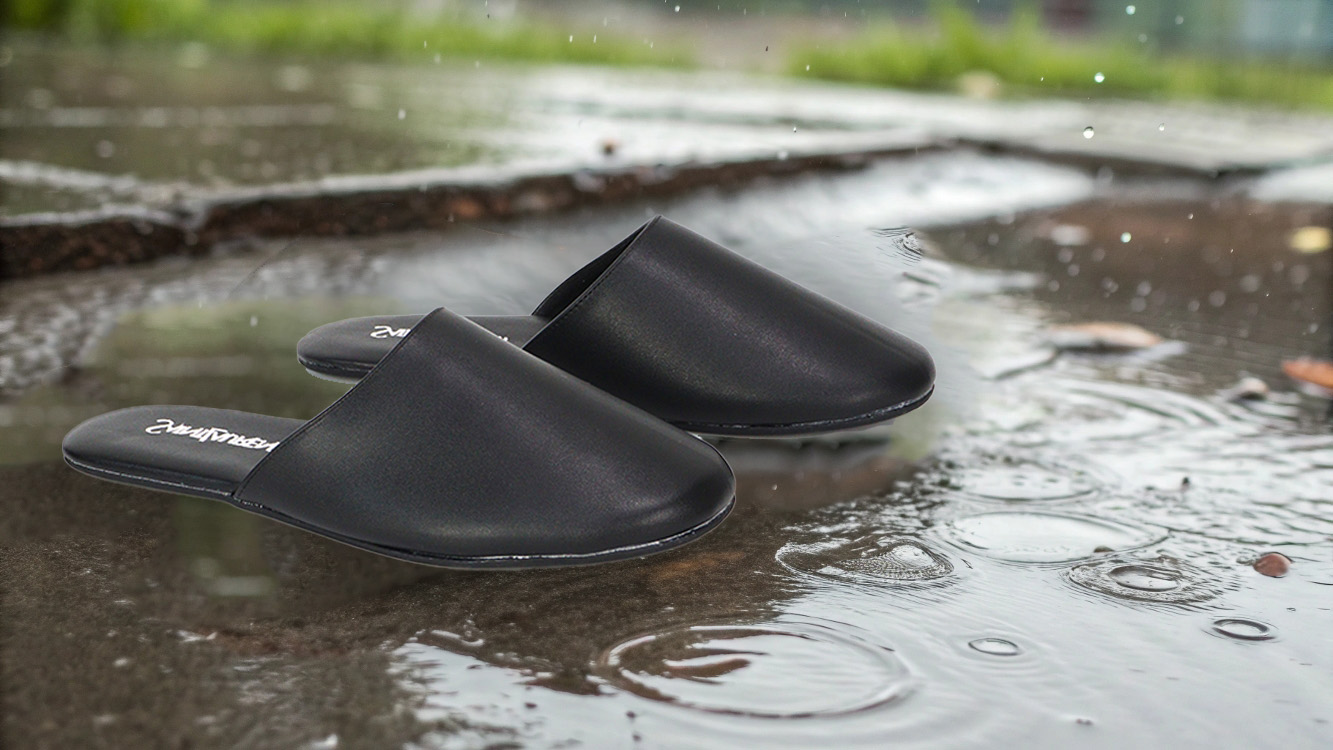 Slip-on slippers on wet surface